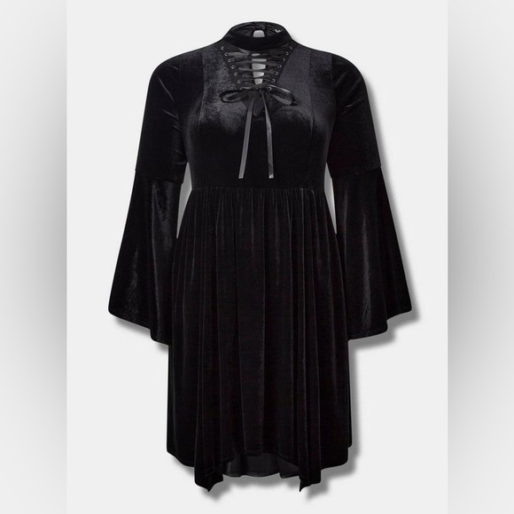 torrid Dresses & Skirts - NWT Torrid Size 1 (14/16) Mid Stretch Velvet Mock Neck Lace Up Hanky Hem Dress